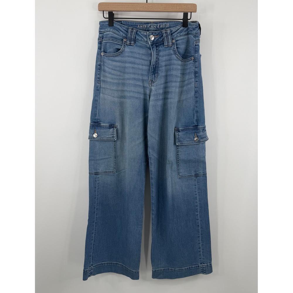 American Eagle Cargo Jeans Women Size 6 Blue High Waisted‎ Wide Leg Stretch